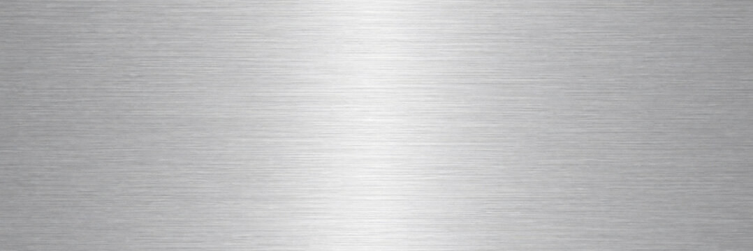 Brushed metal texture with silver finish and horizontal grain, polished stainless steel background with central light reflection, industrial aluminum plate for modern tech design layouts.