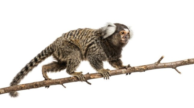 Common Marmoset Sitting on Tree Branch Isolated on White Background