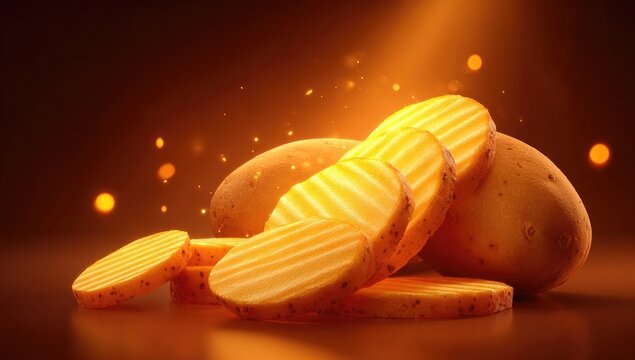 Sliced potatoes, golden light,  delicious