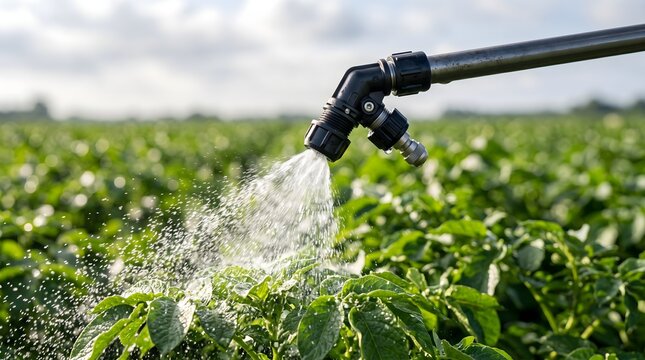 Agricultural sprayer nozzle applying fertilizer or pesticide to green potato plants in a large field under a bright sky for industrial farming and crop protection.
