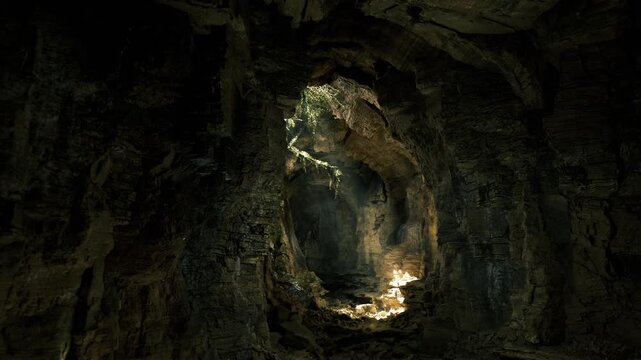 Mossclad chamber illuminated by skylight opening, rim of vegetation and damp stone, deep shadows with subtle green highlights, hushed echo and timeless