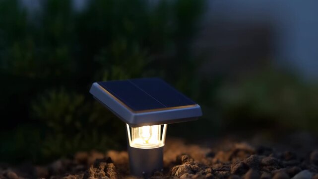 Solar garden light glowing at dusk in close ground-level view with tilted photovoltaic panel, clear lamp housing, loose soil, and warm yellow illumination, with solar, garden, light, panel detail