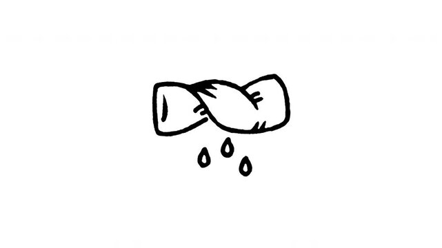 Animated 4K wring and twist doodle icon with line boil action. Hand drawn line art on black and green screen backgrounds for twisted cloth symbol, laundry care squeeze instruction edits.