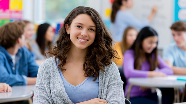 Smiling young female student in a classroom with classmates and teacher, representing back to school, college education and successful learning
