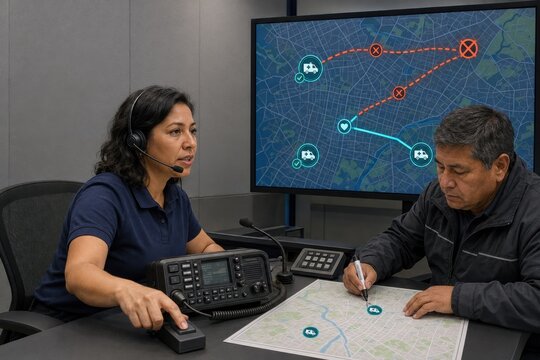 ambulance dispatchers use emergency radio and a paper city map to coordinate active units after a cyberattack disables digital routes in the public safety control center