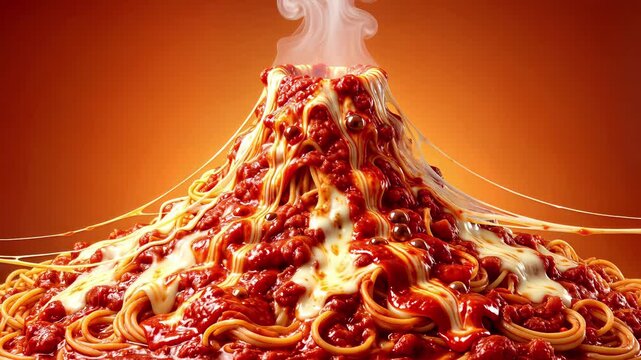 Spaghetti and meatball volcano erupting with molten cheese lava. Surreal food art concept of steaming pasta mountain. Lockdown shot.
