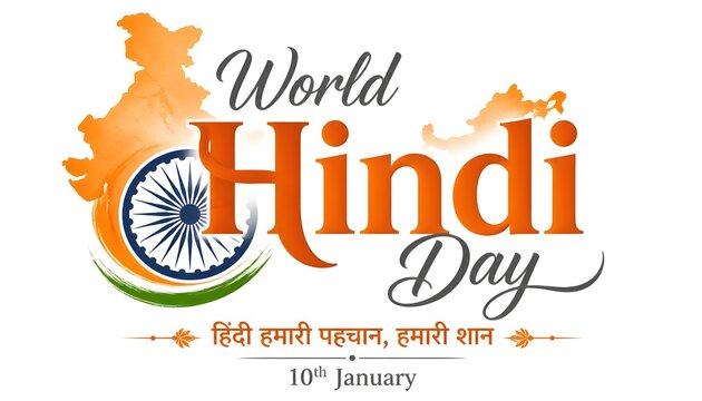 Hindi Typography - Vishv Hindi Divas means World Hindi Day, 10 January. Editable Illustration of Indian Map