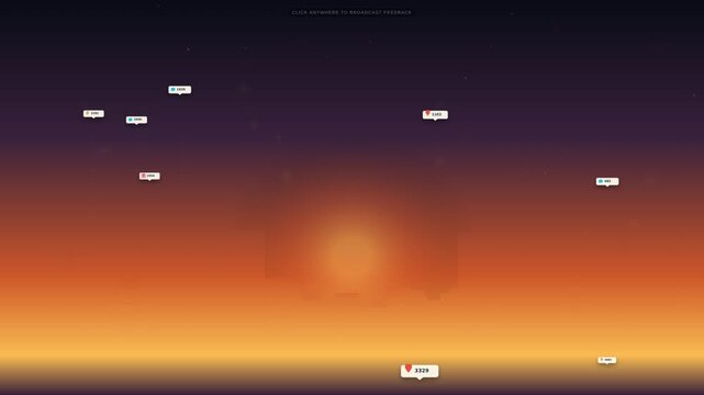 Abstract sunset sky with floating digital notifications and increasing numbers.