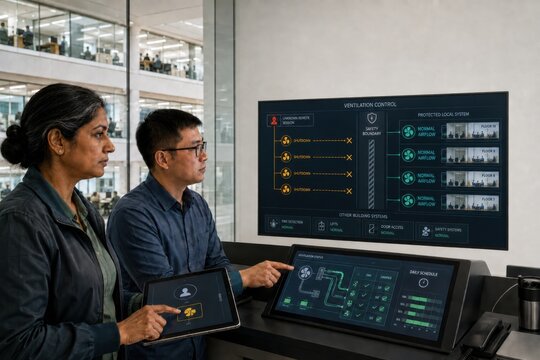 office building engineers isolate an unknown remote session and restore ventilation through local controls after a cyberattack sends shutdown commands across several floors