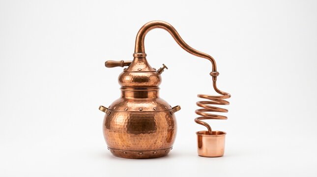 Copper alembic distillation still, phase change physics concept on white background