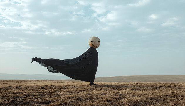 Person wearing a smiling mask and black cloak in a vast dry golden field