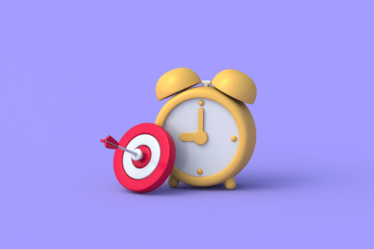 Timely project implementation. Perfect working time efficiency. Achieving goals on schedule. Accurately ensuring deadlines. Alarm clock beside dartboard. 3d render