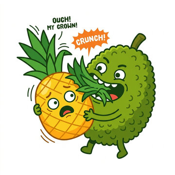Funny jackfruit biting a pineapple crown. Cartoon character illustration of tropical fruits.
