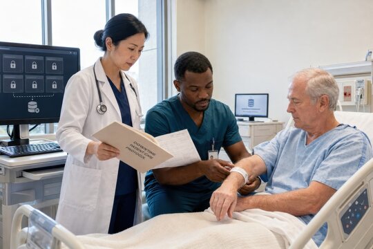 hospital staff use paper records and manually verify a senior patient's wristband during a ransomware outage that has locked clinical systems and disrupted access to medical data
