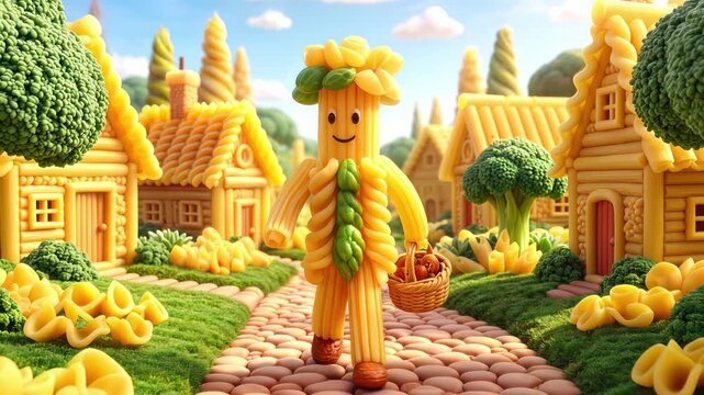 Cheerful pasta character walking through whimsical food village with basket. Surreal culinary world with macaroni houses and broccoli trees. Panning and tilting camera movement.