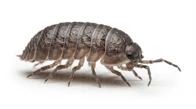 Woodlouse Isopod Crawling in Side View Isolated on White Background