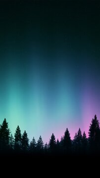 Green and purple aurora bands over pine forest and mountain ridge, astral phenomenon concept.
