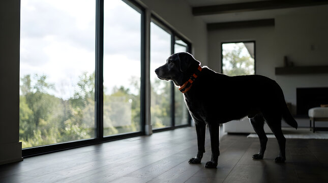 Black labrador wearing tracking isolated on clean surface for modern commercial business asset
