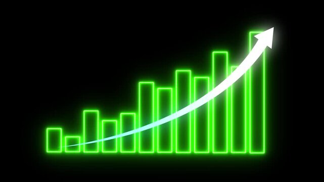 Neon Green Bar Chart with Glowing Rising Arrow Animation on Black Background, Symbolizing Business Growth, Increasing Revenue, Financial Success and Market Performance