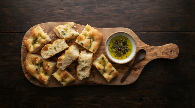 Breadboard with focaccia and oil isolated on clean surface for modern commercial business asset