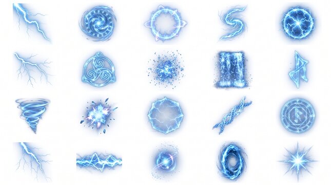 Electric blue lightning effects set, 20 glowing energy icons, magic spell power elements for game design and fantasy UI