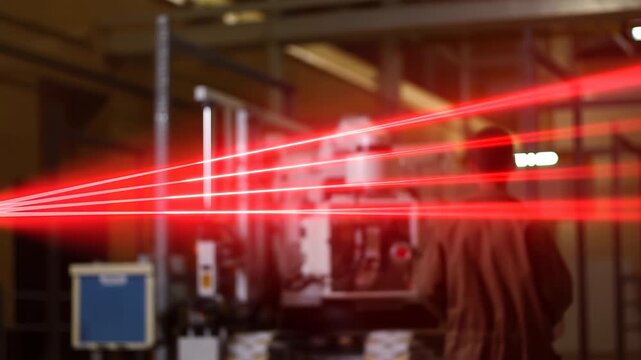 Rear facing adult inside industrial research lab as multiple red laser beams cross body height and cast bright rim light across dark machinery and metal surroundings