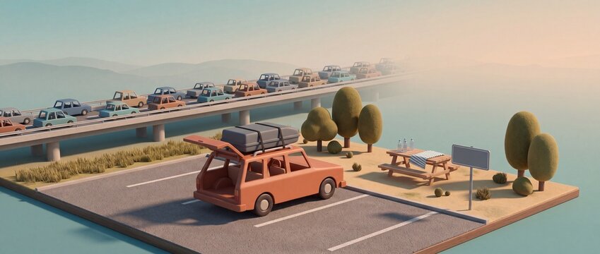 Miniatur Diorama mit Stau auf Autobahn und leerem Rastplatz