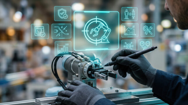 Close-up of an automation specialist using a digital stylus to program a collaborative robot end effector via a futuristic holographic user interface in a smart factory