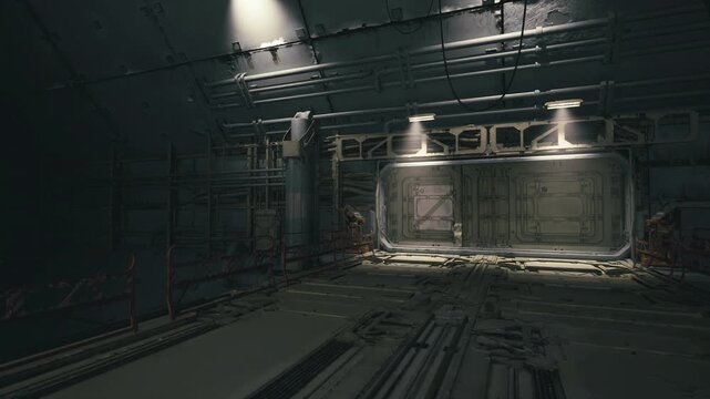 Sealed containment bay with hazard panel under harsh lamps, scuffed floor and warning markings, tactile conduit and sensor arrays frame access hatch, clinical