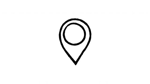 Animated 4K blank location pin doodle icon with line boil action. Hand drawn line art on black and green screen backgrounds for map pin marker, place pointer, GPS navigation destination.