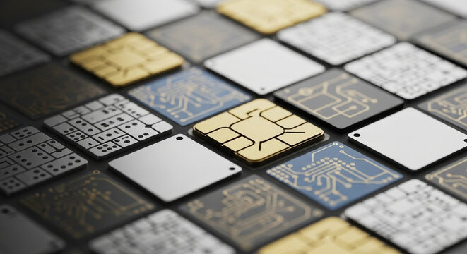 A grid of advanced technological hardware components features numerous metallic microchips and intricate semiconductor circuits organized in a repeating geometric arrangement for industrial