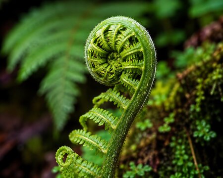 Green fern fiddlehead unfurling in forest
