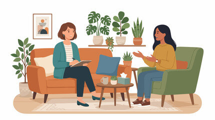 Fototapeta premium A vector graphic illustration of two women having a conversation in a cozy living room with plants and modern furniture.