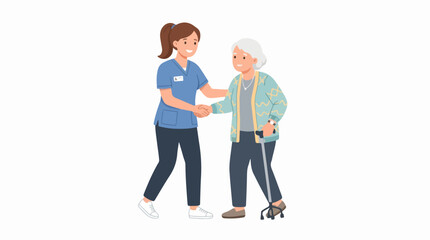 Fototapeta premium A young caregiver assisting an elderly woman with a walker in a modern, flat vector illustration