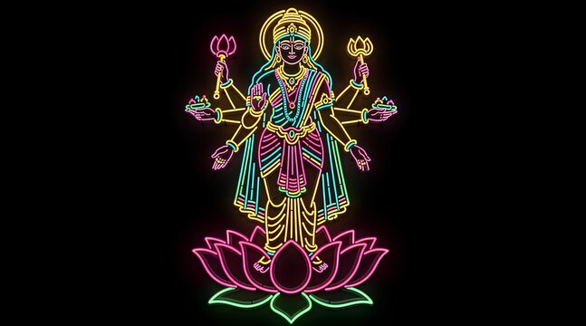 Vibrant neon depiction of a multi-armed goddess seated on a lotus blossom symbolizing divine power and enlightenment in