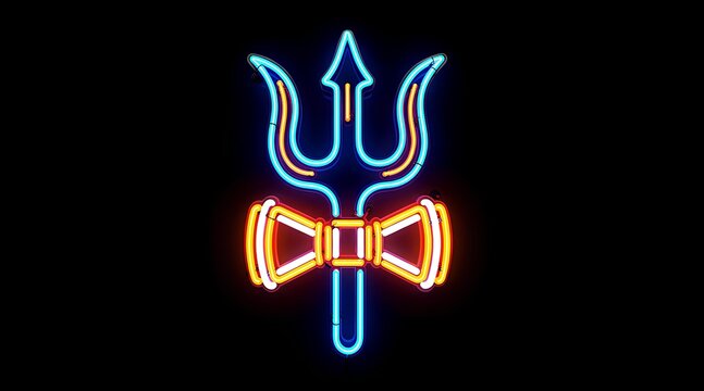 Neon illuminated trident and bowtie symbol representing vibrant nightlife and entertainment themes in a striking visual display