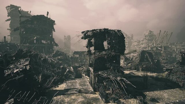 Crumbling sentinel framed by broken skyline, skeletal building core, drifting dust motes, pale light filtering through gaps, deserted vigilance mood.