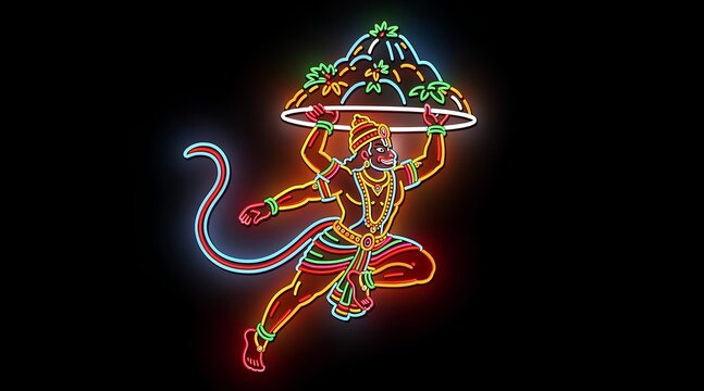 Colorful neon depiction of Hanuman the monkey god carrying a mountain on his shoulders in traditional mythological art style for