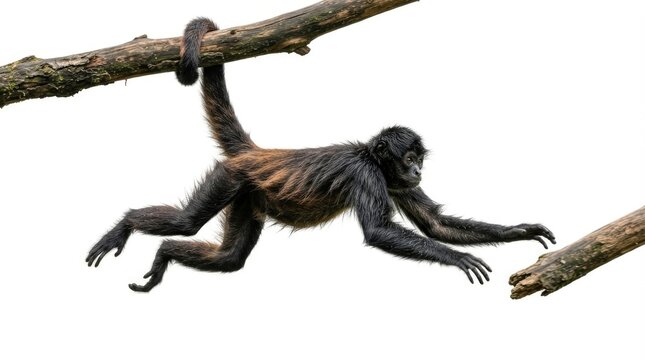 Spider Monkey Climbing Tree Branch Isolated on White Background
