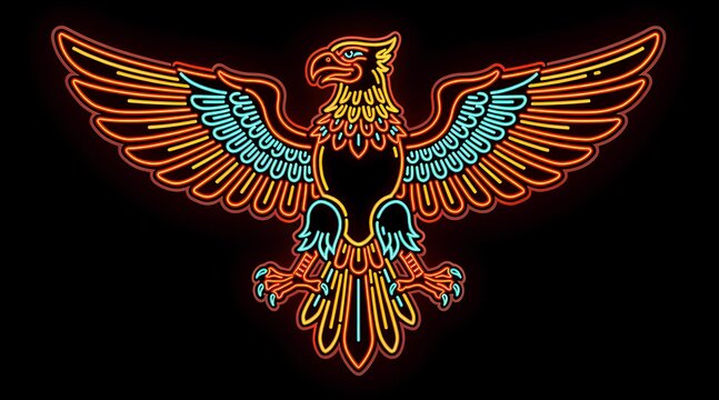Vibrant neon eagle with outstretched wings glowing against dark background