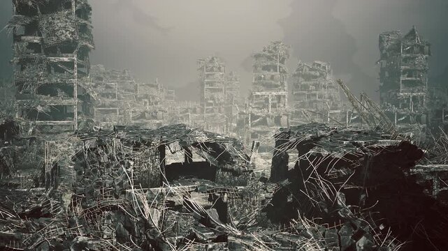 Collapsed blocks and twisted structures lining empty avenue, overcast light and scattered debris creating heavy mood of conflict aftermath and urban ruin.