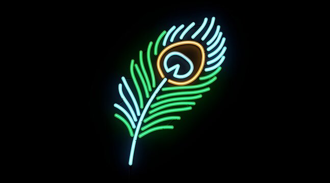 Vivid neon illuminated feather with abstract eye design on dark background in contemporary art style