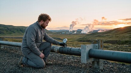 Fototapeta premium Technician reading pressure gauge on geothermal pipeline at sunrise