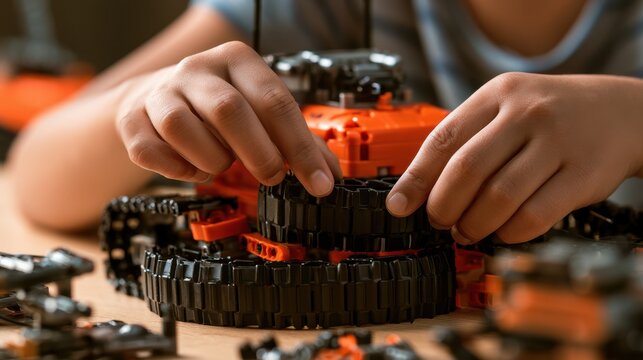 Child's hands building robotics kit for stem education