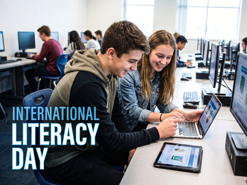 International Literacy Day Banner with High School Students Collaborating on Laptop and Tablet in Computer Lab