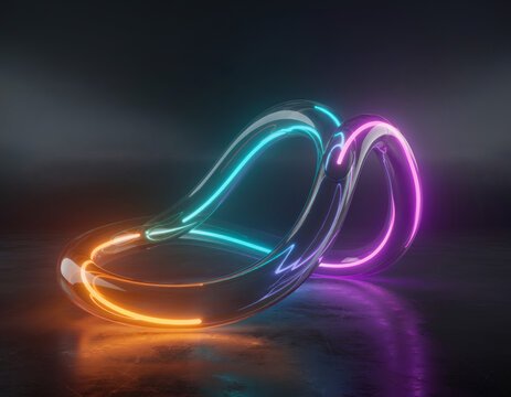 Abstract twisted neon tube loop glowing orange cyan purple dark reflective surface