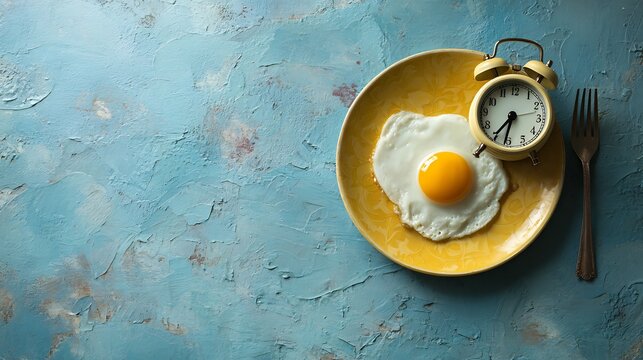 Fried egg and alarm clock on yellow plate