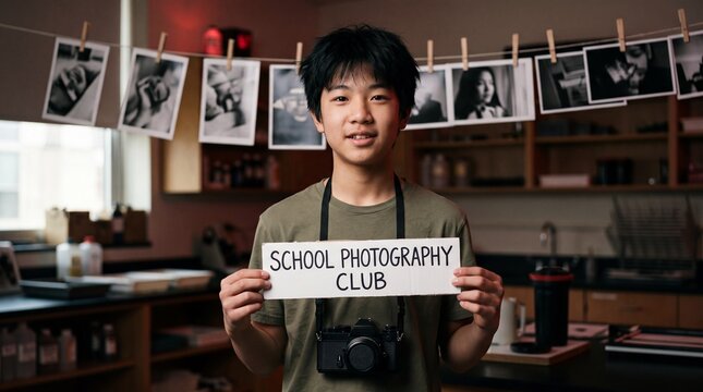 School photography club sign shown by student in darkroom