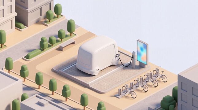 Autonomous shuttle charging at isometric city transit plaza