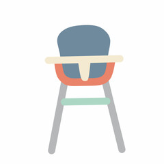Baby high chair illustration with safety tray and foot support, isolated on white background, representing infant feeding, childcare, nursery furniture, and parenting essentials